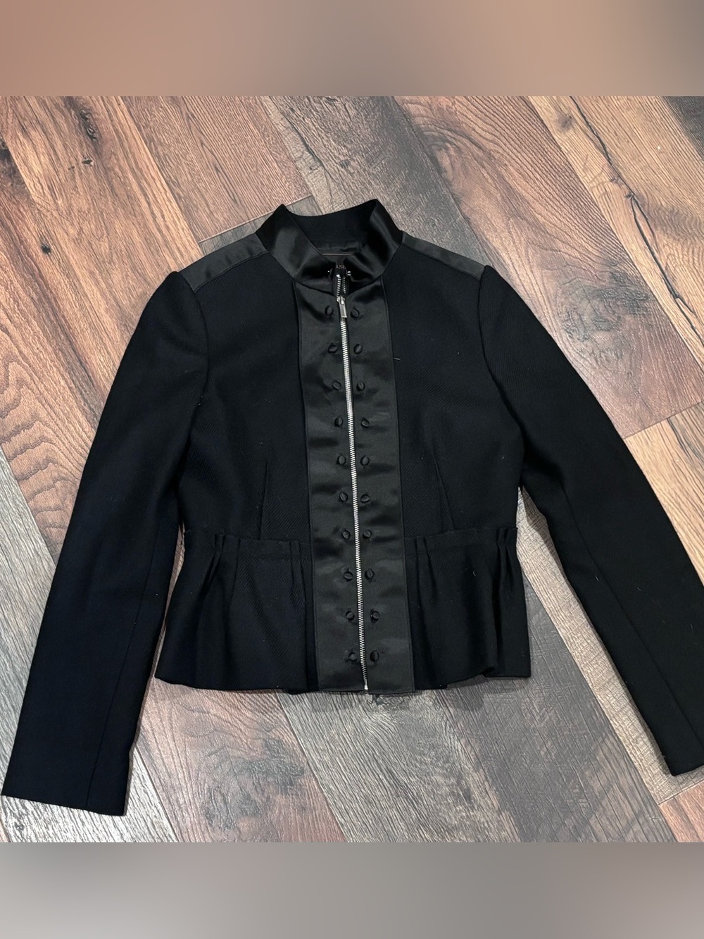 BCBG MaxAzria Peplum Jacket Black Satin-Trimmed Wool
Size Small